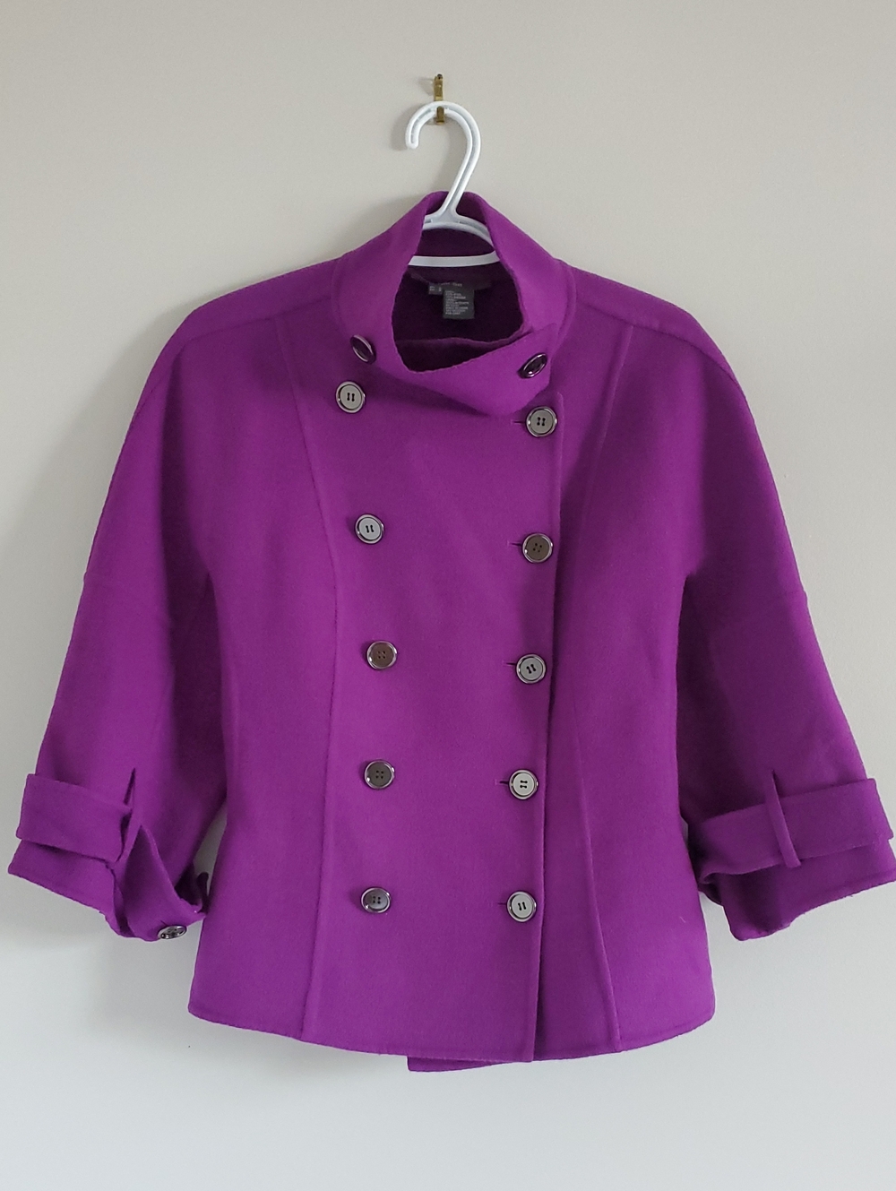 Per Se Purple Double-Breasted Pea Wool Angora Blend 3/4 Sleeve Coat Sz 6 Office